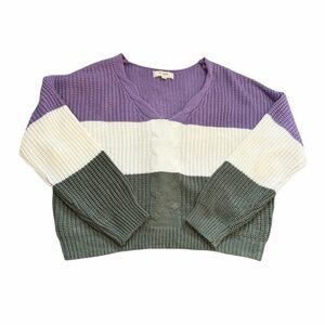 No Comment NY LA V-Neck Colorblock Knit Sweater Purple White Gray Size XL